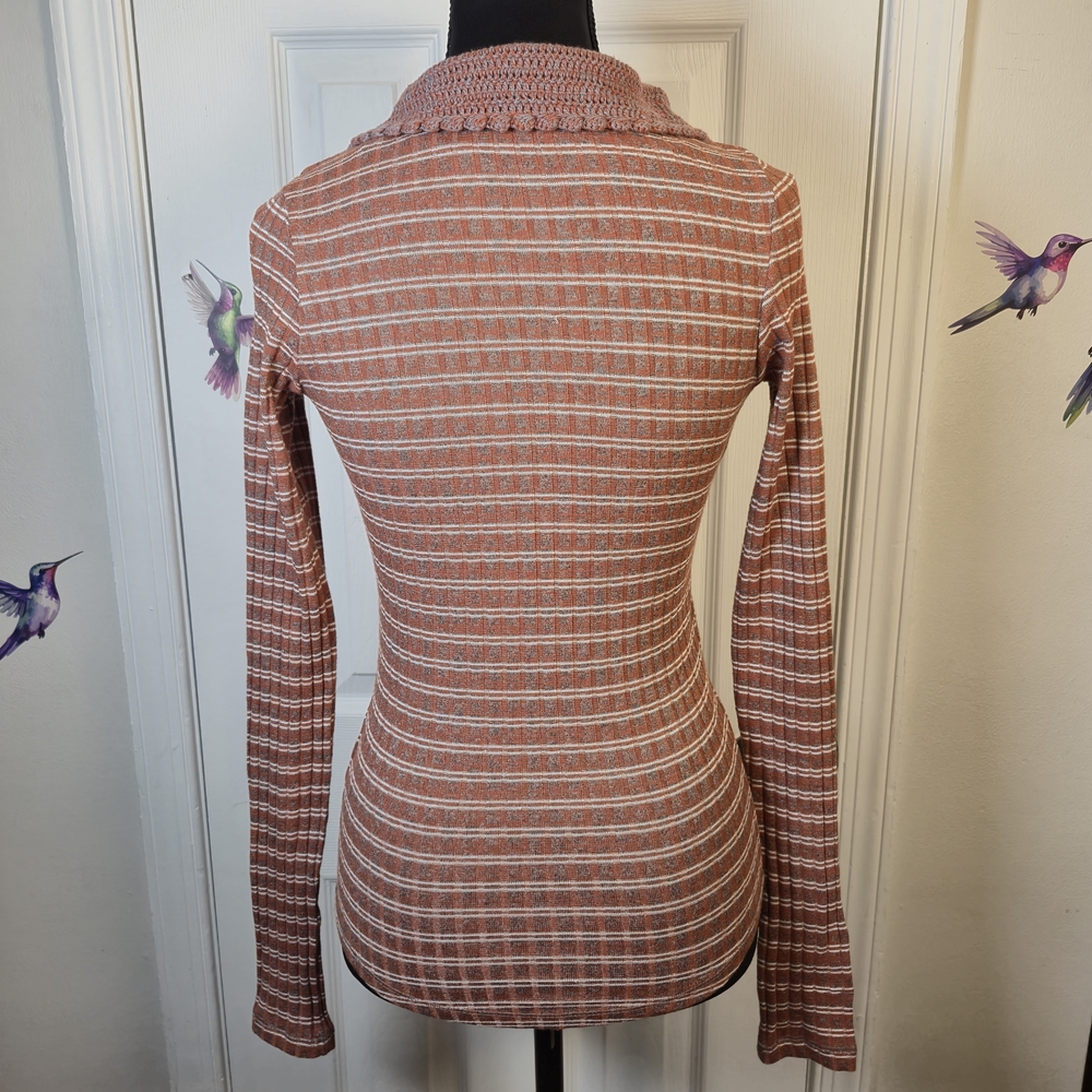 Free People Crochet Collar Henley Ribbed Stripe Long Sleeve Top XS - Picture 5 of 8